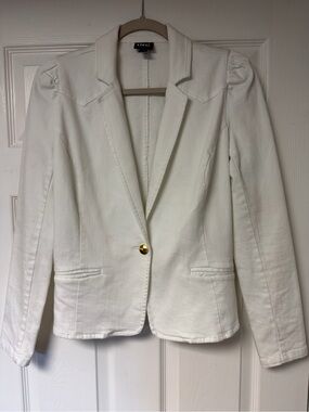 INC International Concepts White Stretch Denim Puff-Shoulder Blazer
